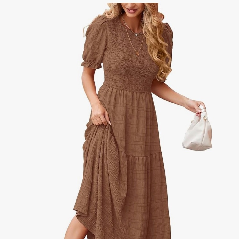 Amazon Brown Smocked Maxi Dress with Puff Sleeves